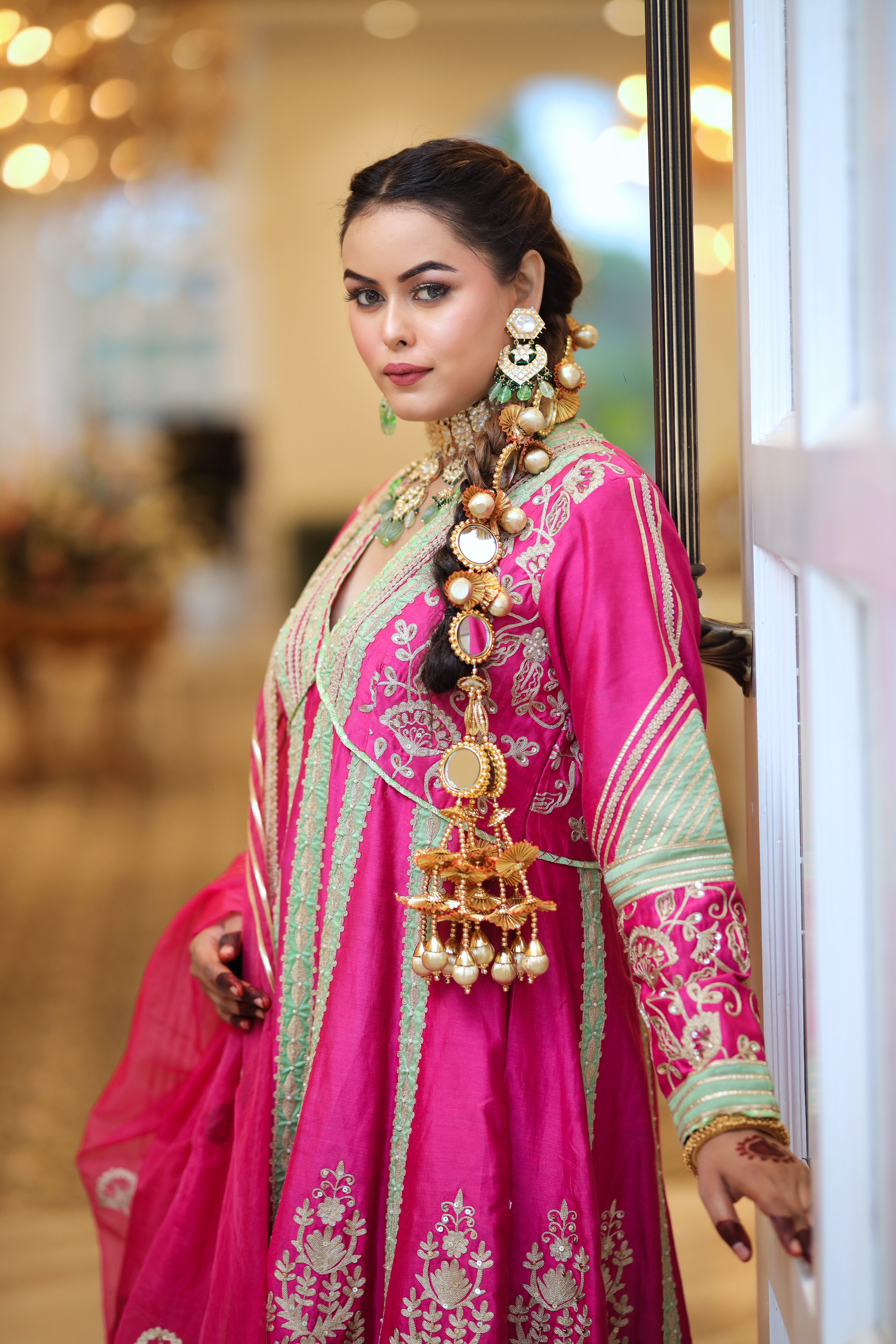 Gulaabo (Pink Long Anarkali with Green Patches)
