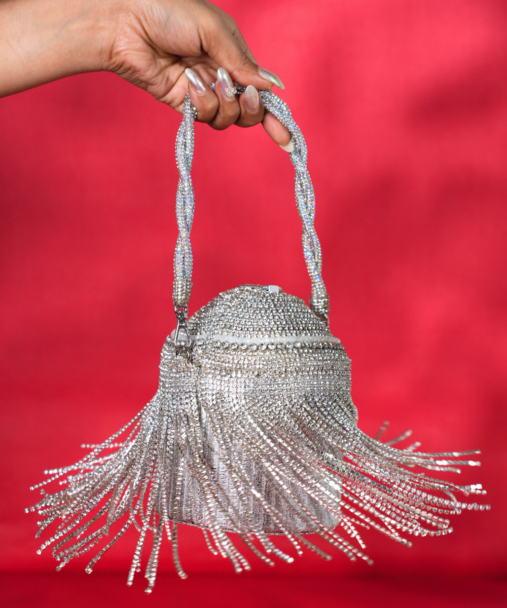 Glitz Silver Rhinstone Georgette Bucket Bag