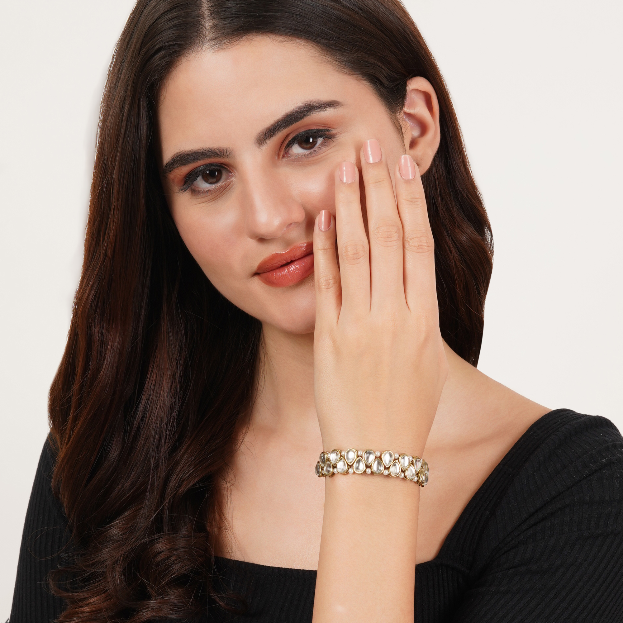 Golden Double Layer Tilak Kundan With White Pearls Adjustable Bracelet