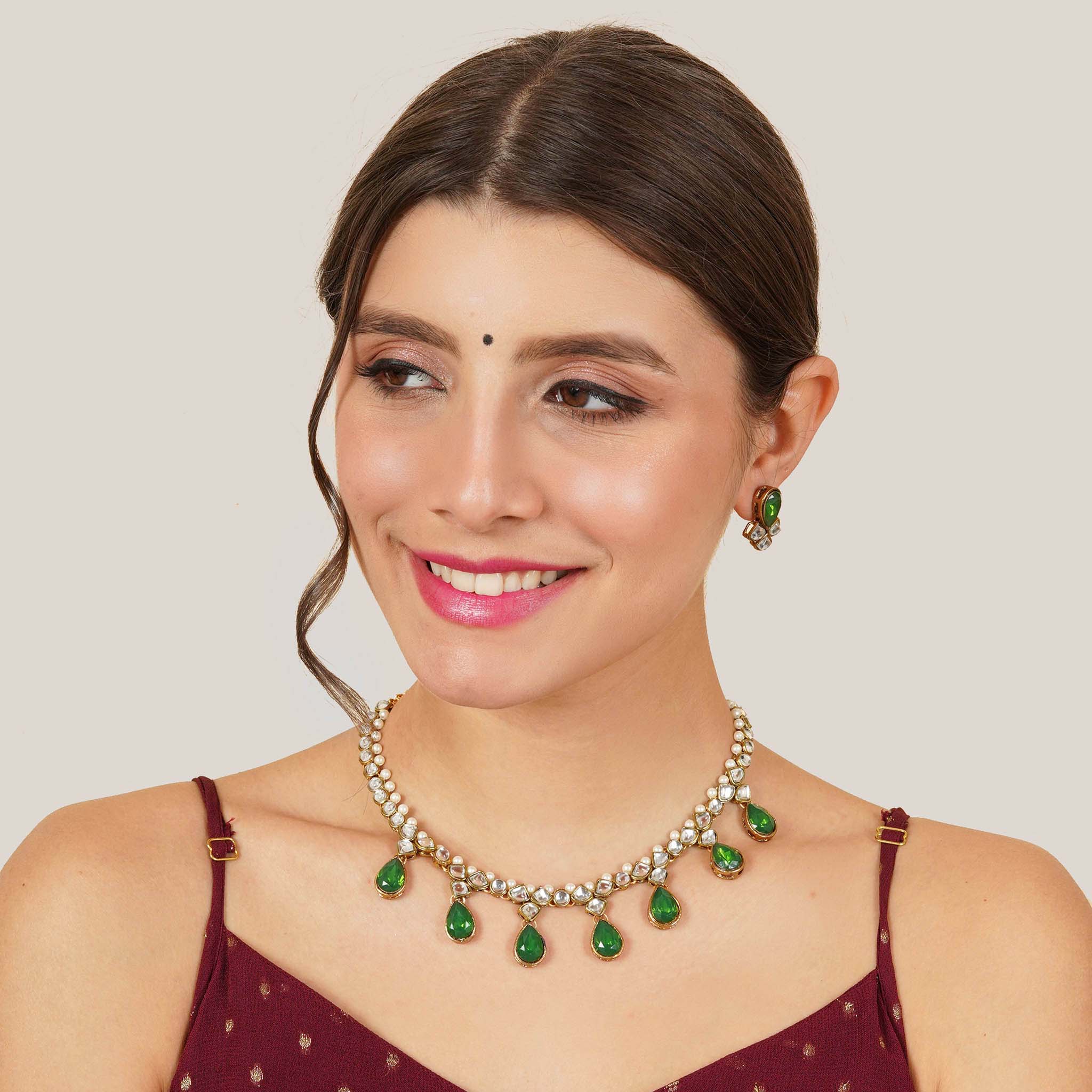 Dark Green Crystal Kundan Necklace 