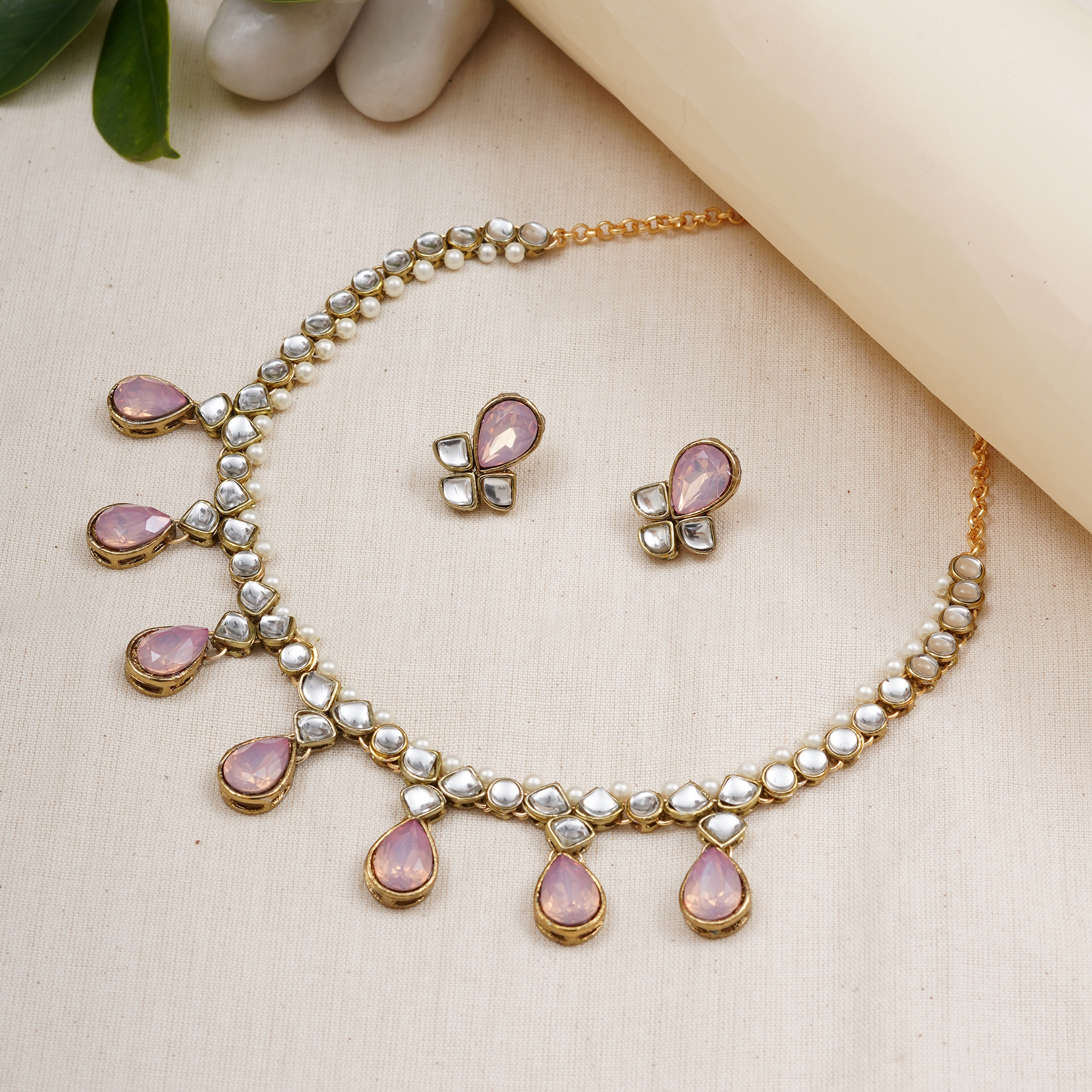 Pink Crystal Kundan Necklace 