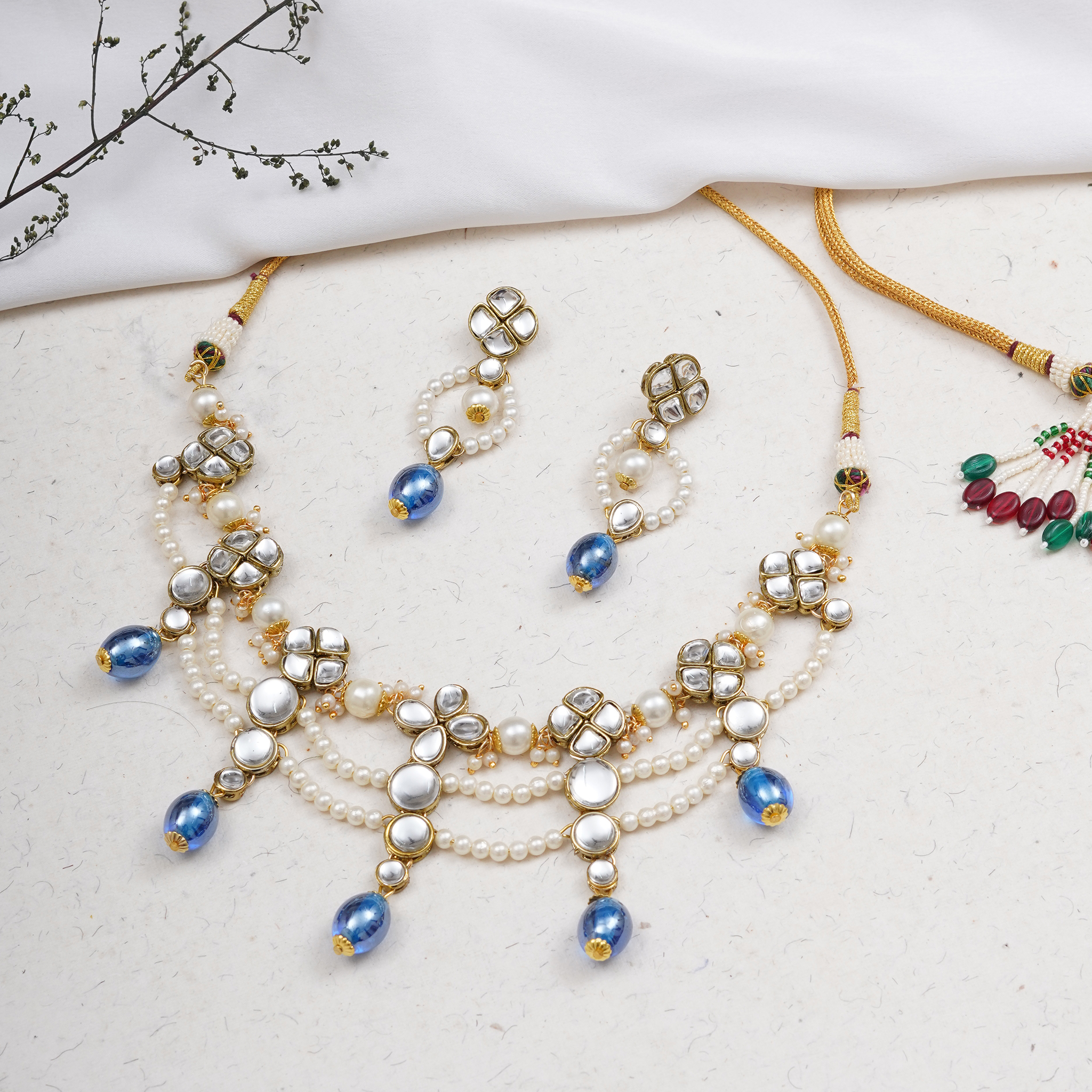 Light Blue Semi Precious Beads & Kundan Necklace Set 