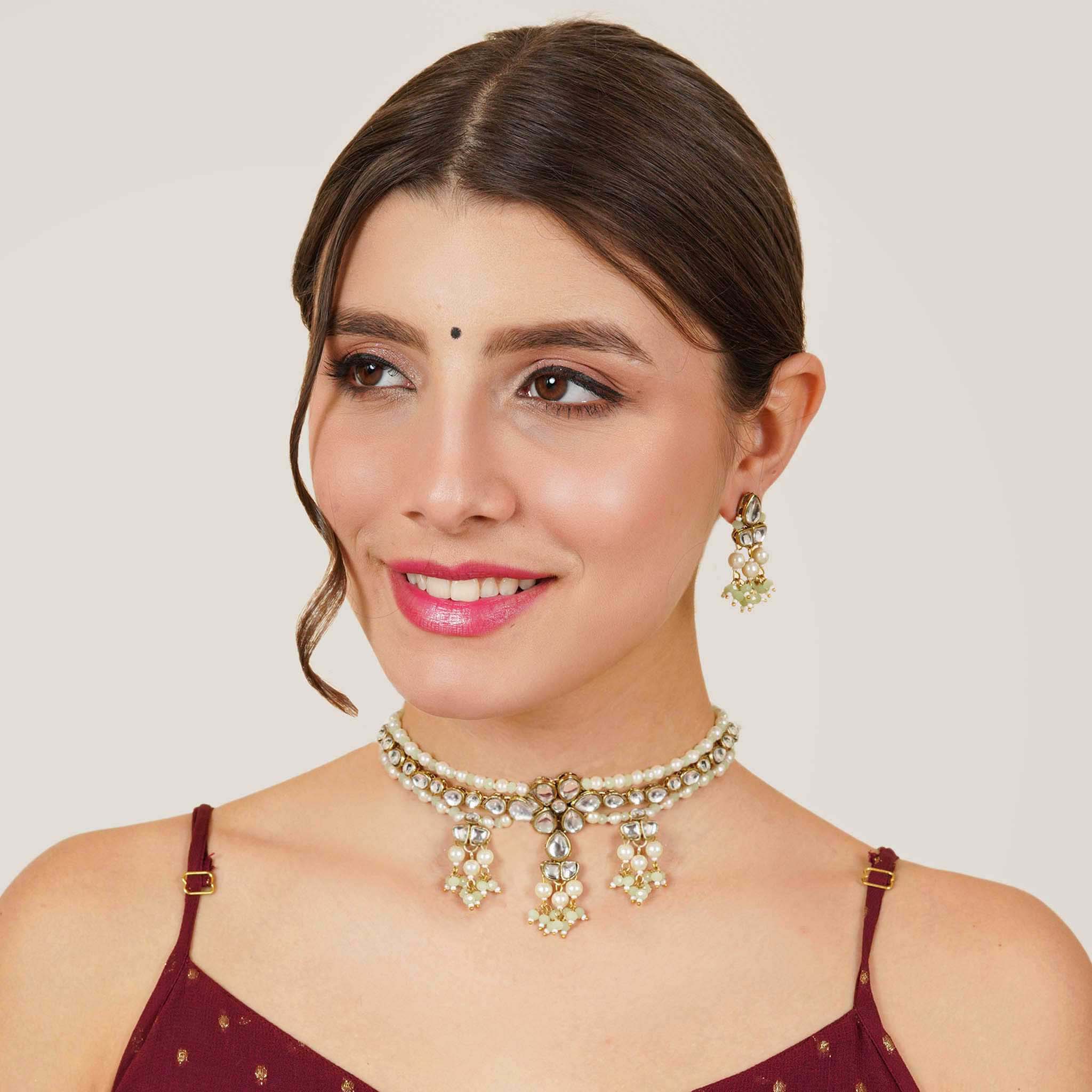 Light Green Dual Tone Kundan Necklace Set 