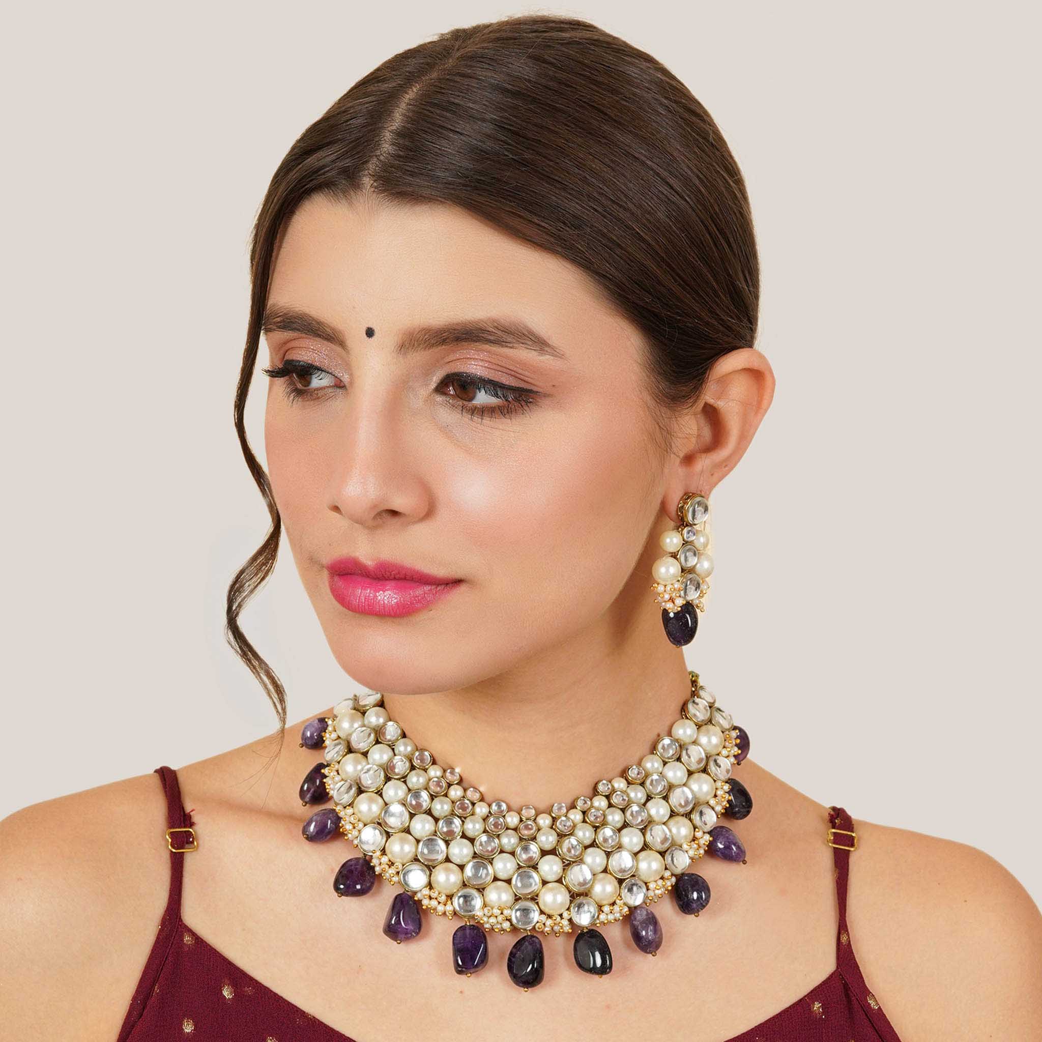 Royal Amethyst & Pearl Kundan Choker Set With Matching Earrings