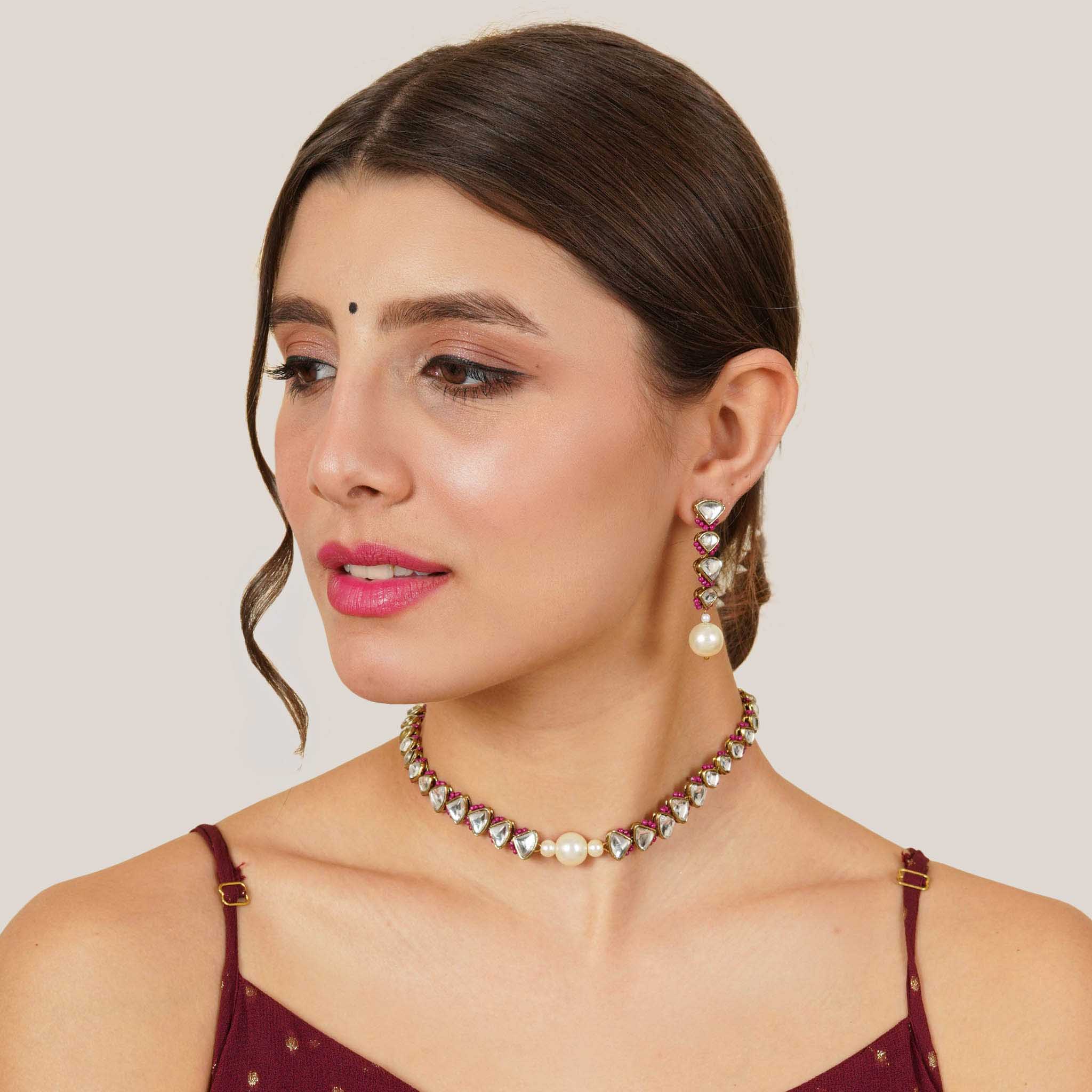 Pink Triangle –Mangle Necklace With Matching Earrings