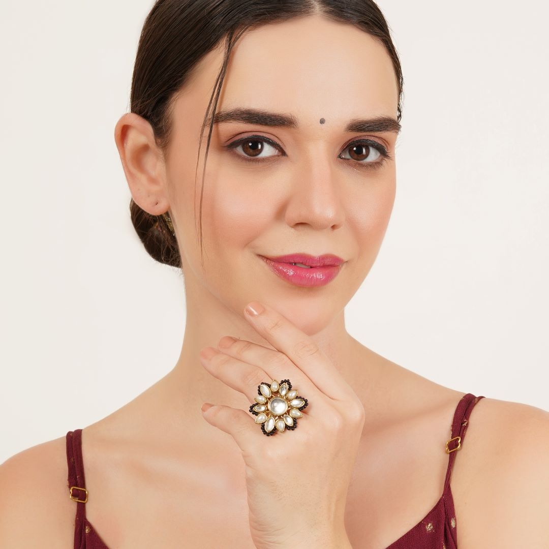 Adjustable Black Kundan Cocktail Ring