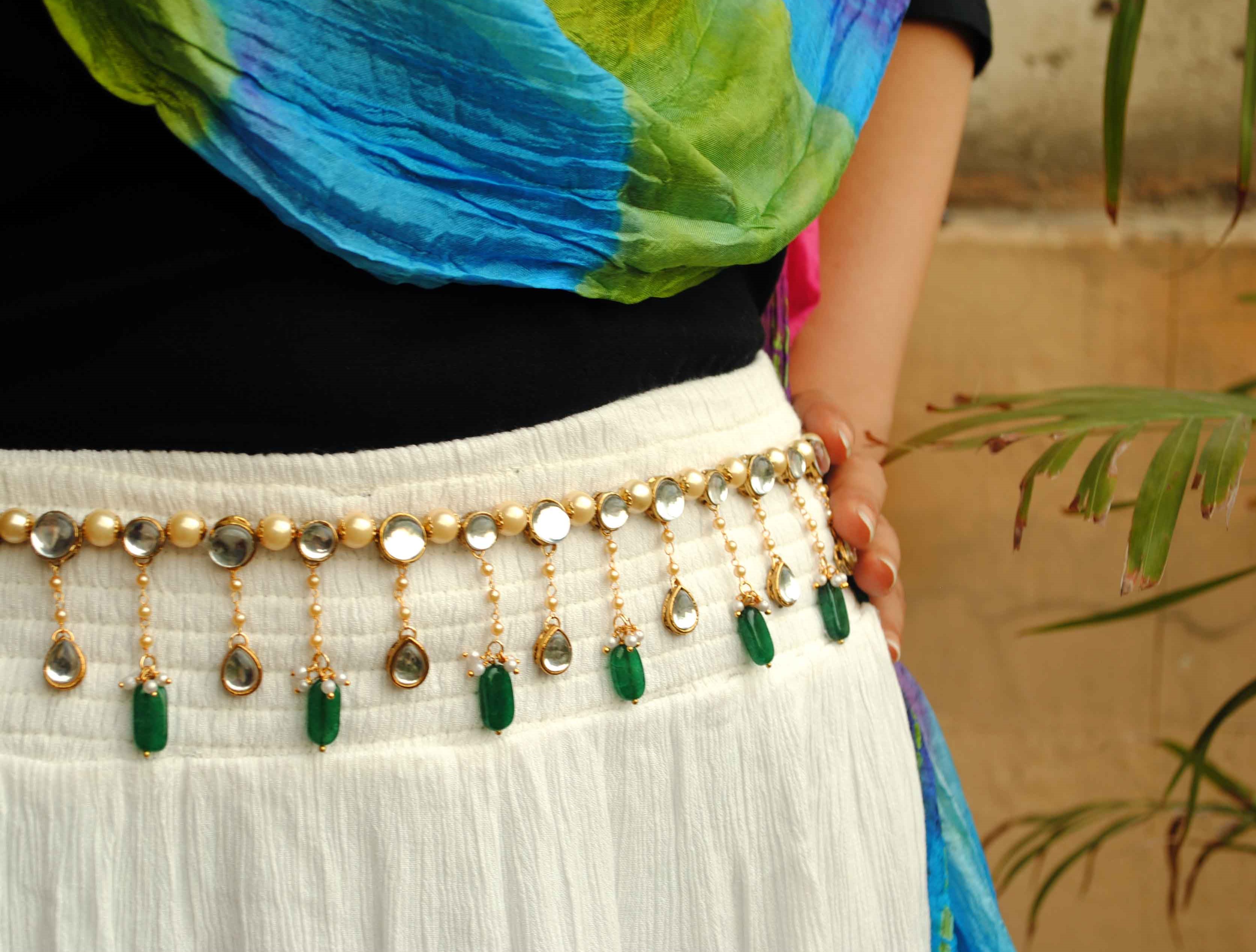 Kundan & Pearl Green Beads Kamar Bandh