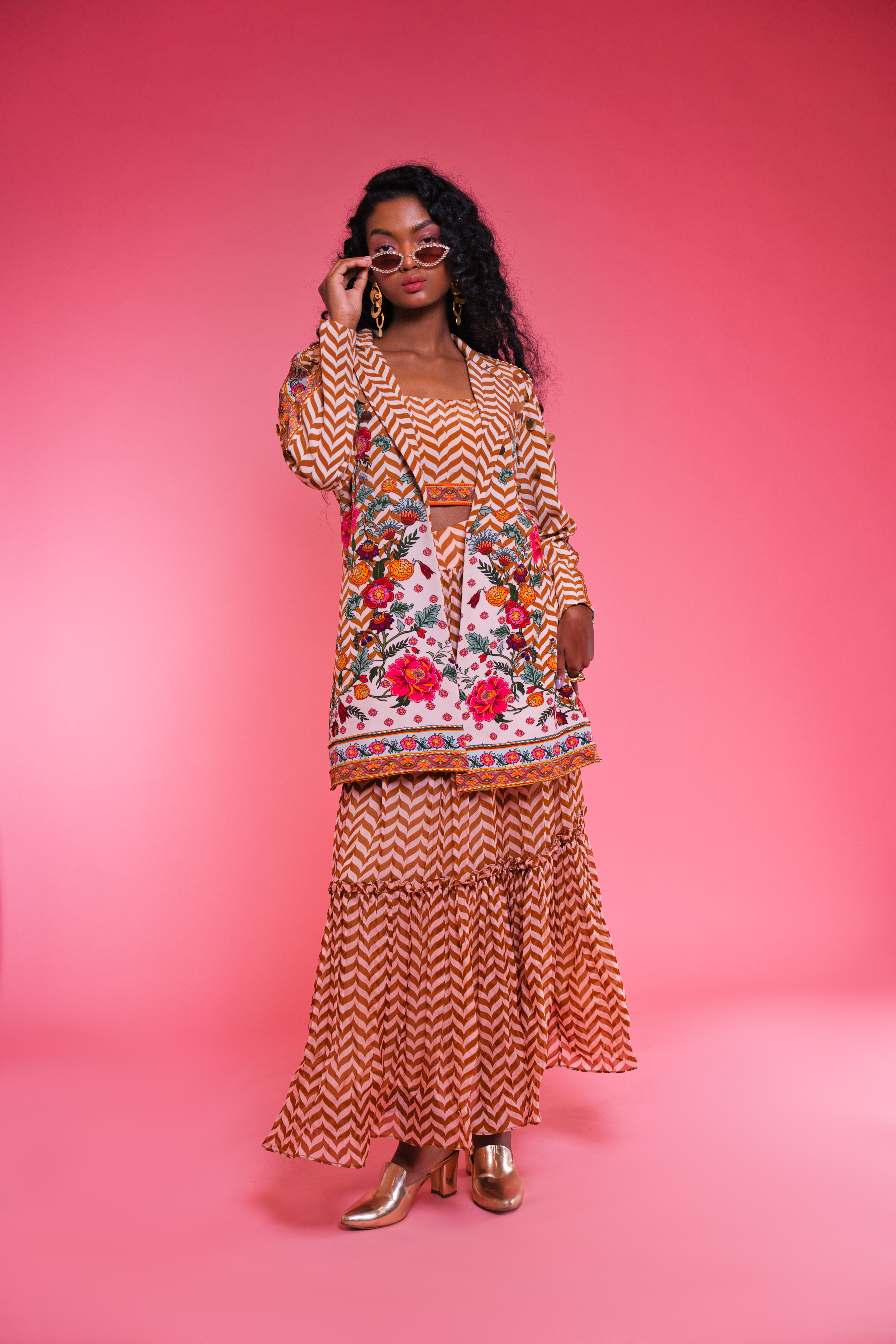 Ochre Chevron Sassy Skirt and Blazer with a Cropped Top