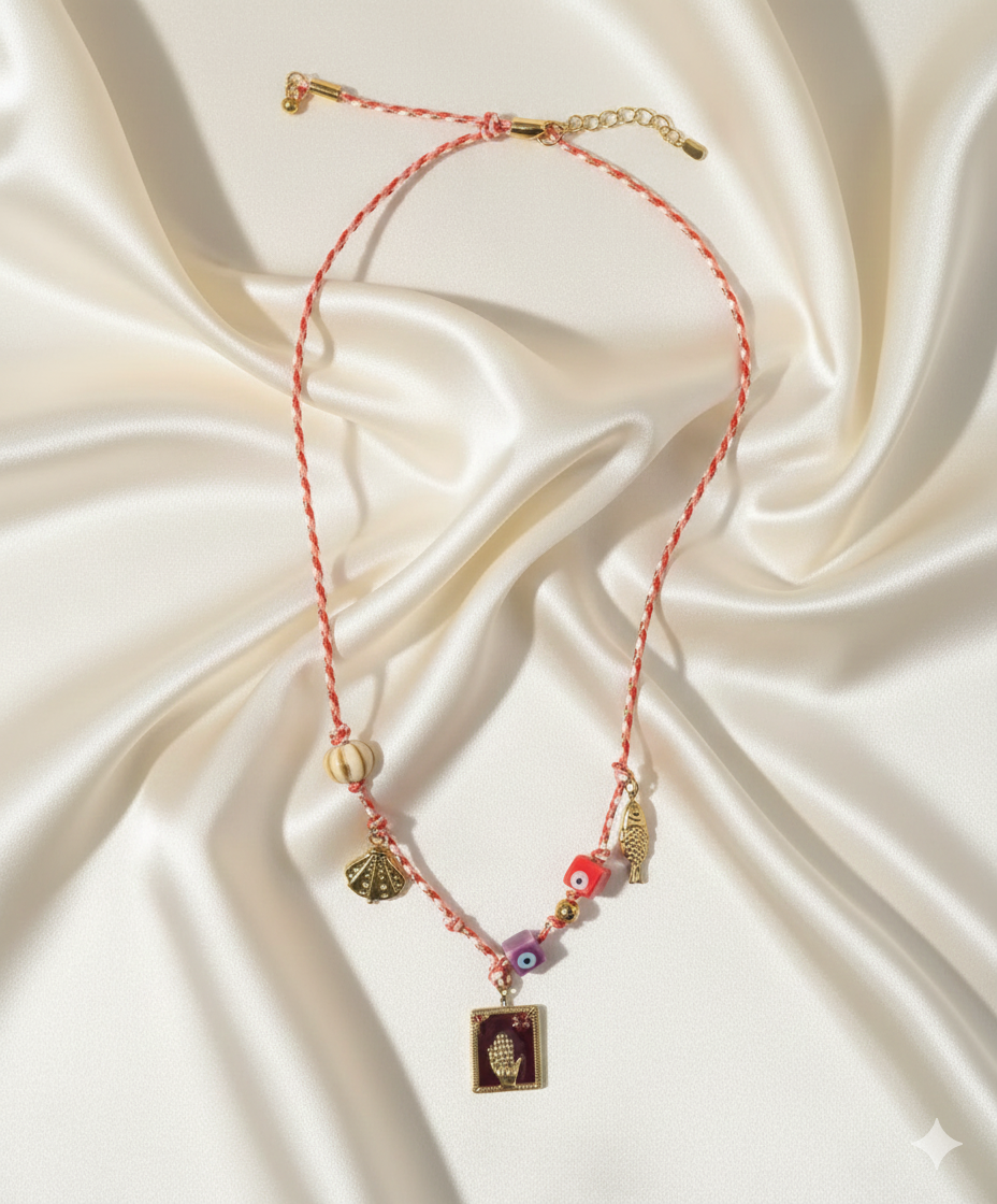 Pink Boho Evil Eye Charm Thread Necklace