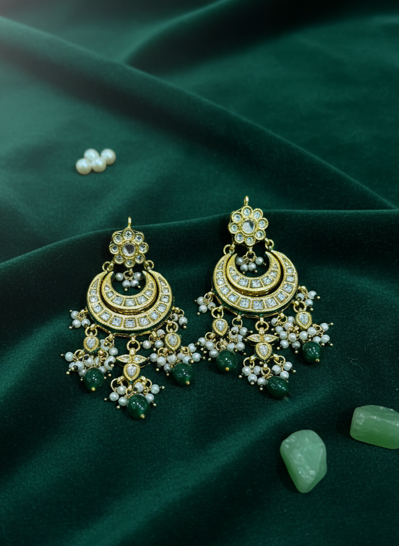Kundan Chandbali Earrings with Pearl & Green Bead Drops