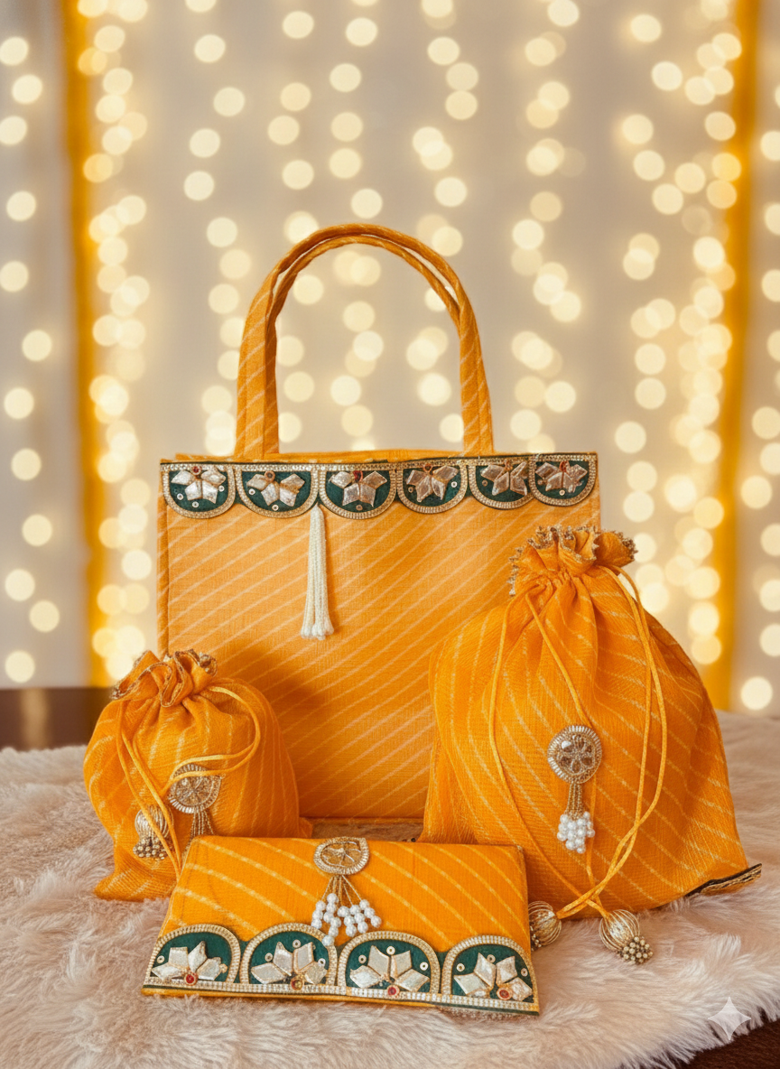Yellow Lehariya Hamper Bag Set Of 4