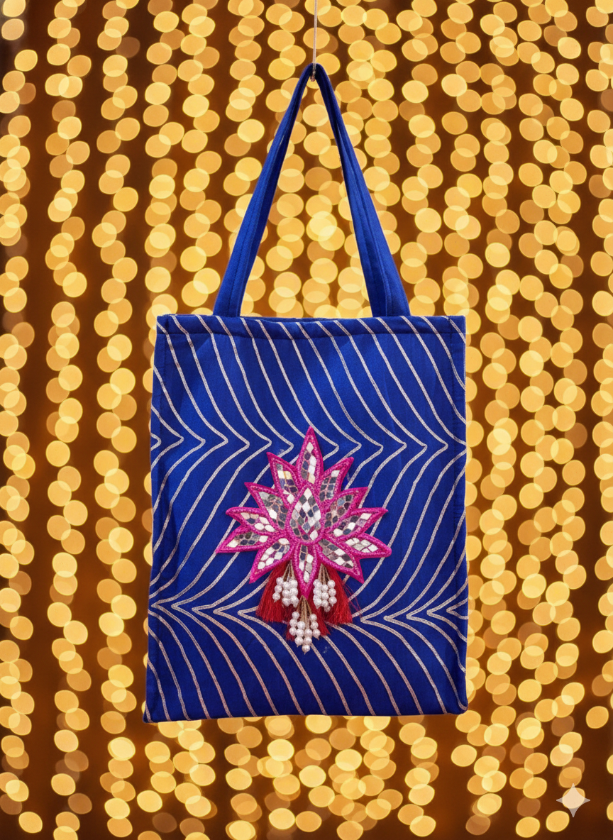 Blue Zari Embroidered Tote Bag with Mirror Work Motif