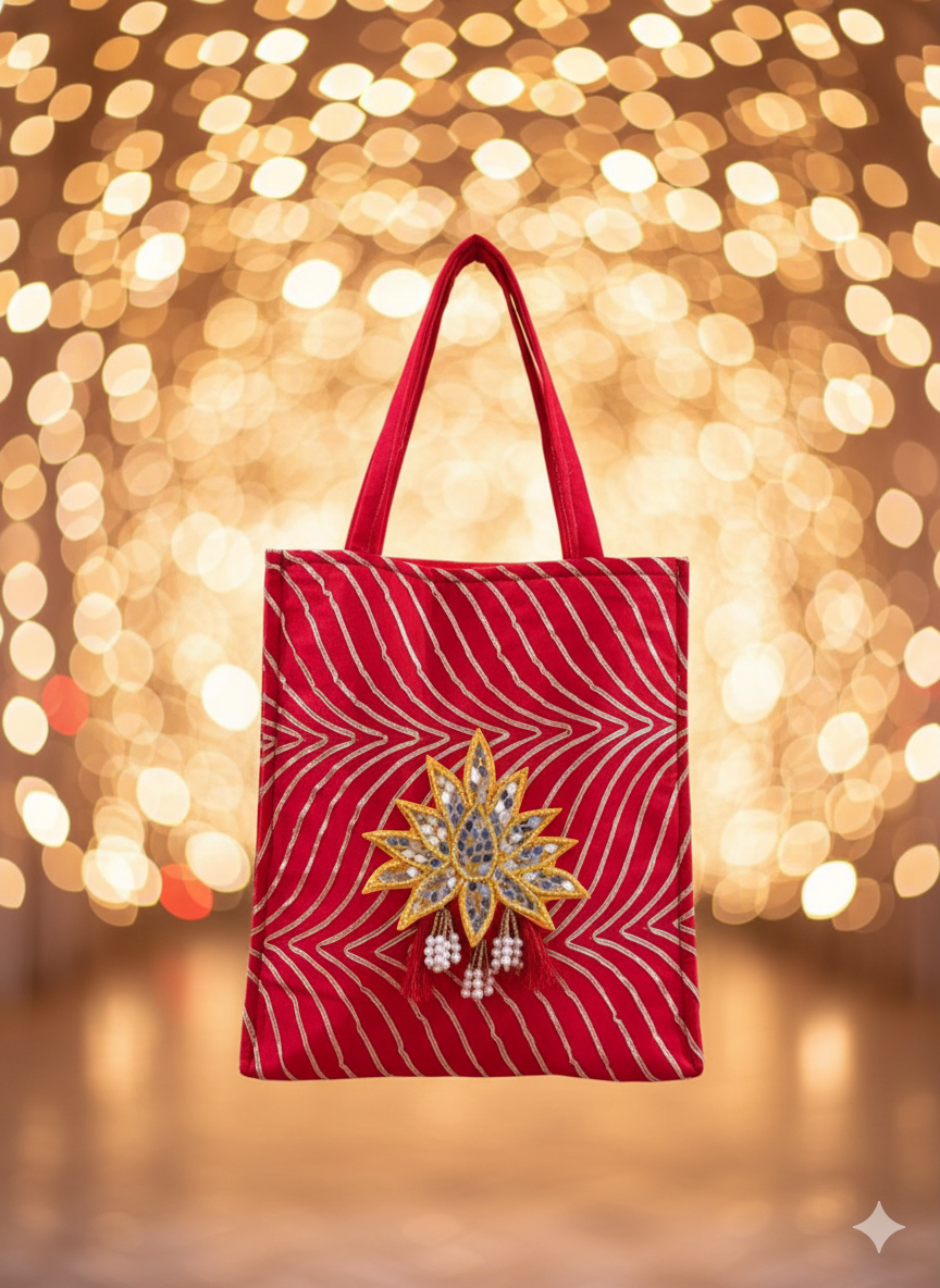 Red Zari Embroidered Tote Bag with Mirror Work Motif