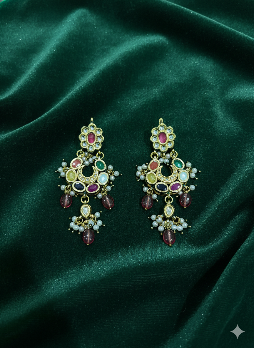 Multicolor Kundan Chandbali Earrings