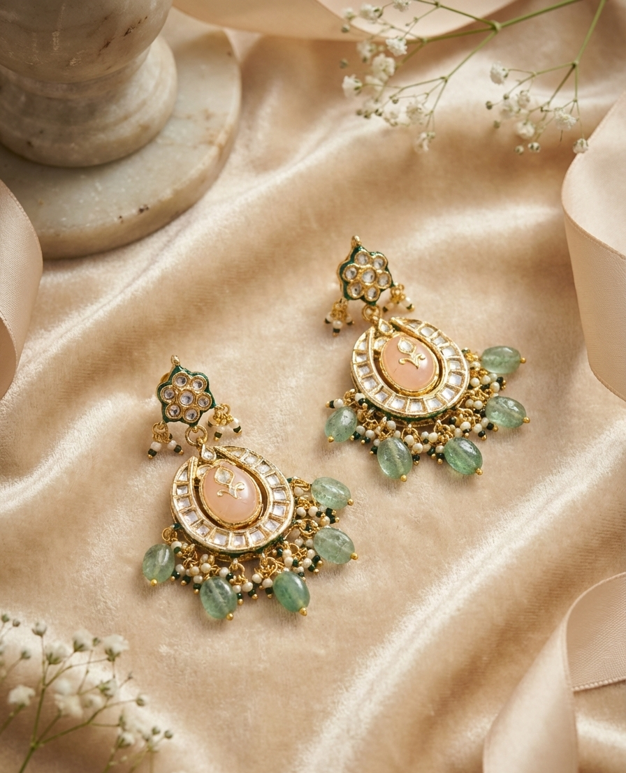 Royal Kundan & Green Bead Drop Earrings