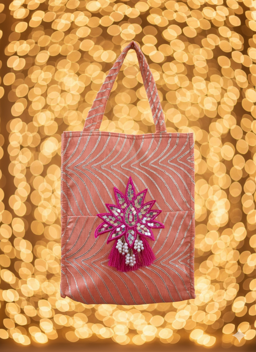 Peach Zari Embroidered Tote Bag with Mirror Work Motif
