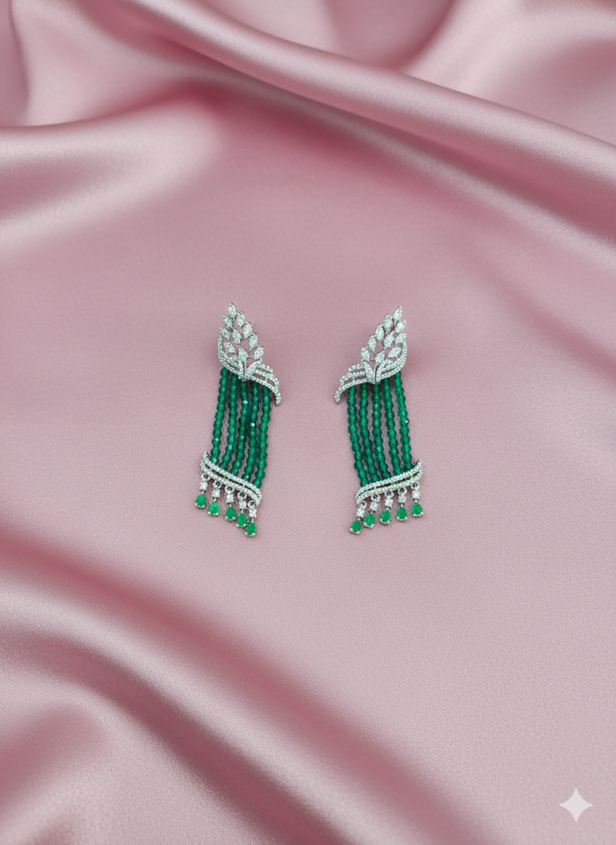 Green Beaded Tassel Earrings