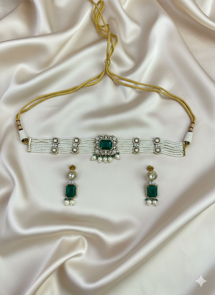 Green Kundan Pearl Choker Set