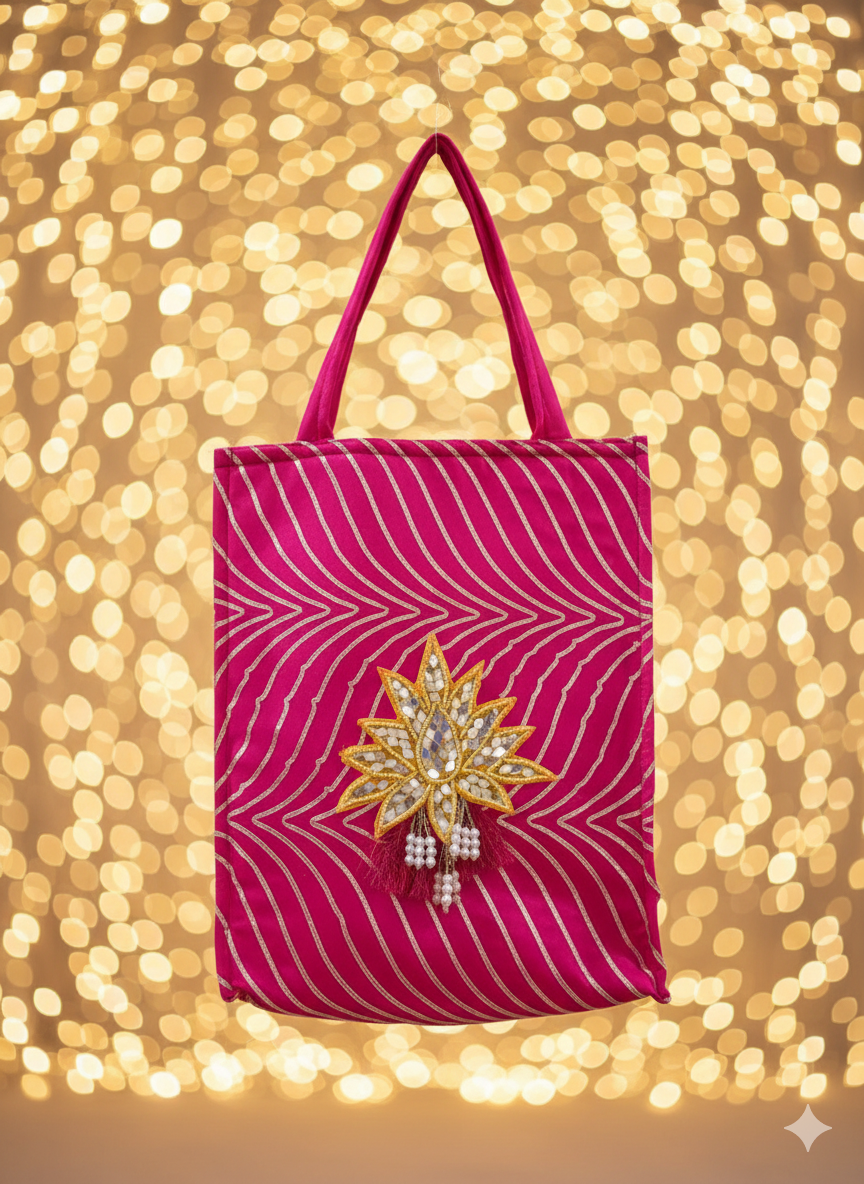 Pink Zari Embroidered Tote Bag with Mirror Work Motif