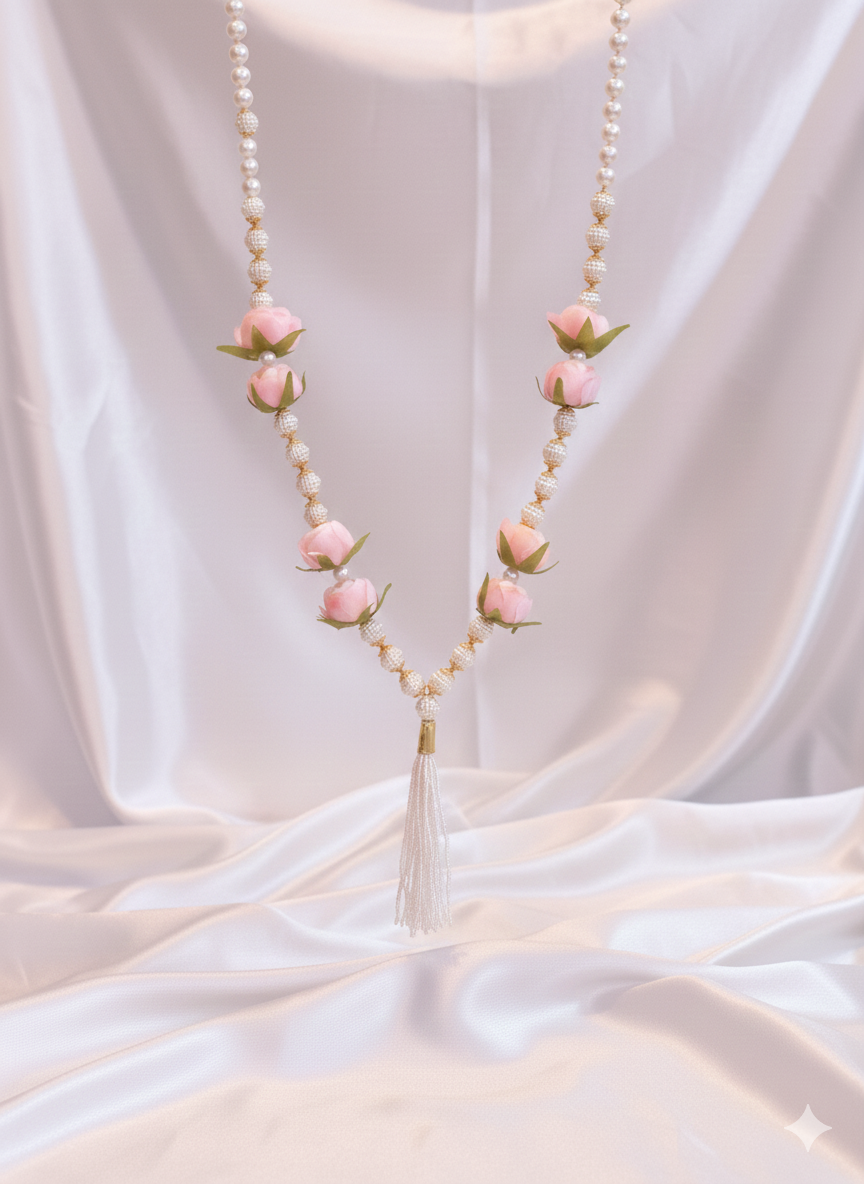 Floral Pearl Necklace with Elegant Tassel