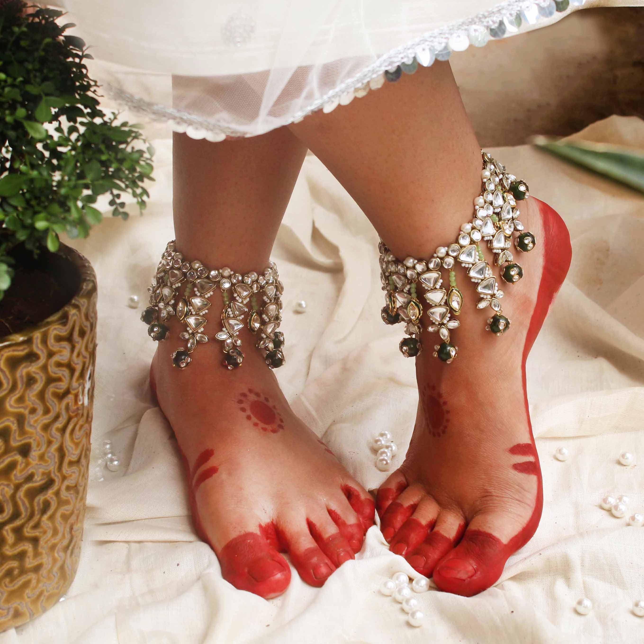Kundan & Beads Adjustable Anklet - Set Of 2 Pieces