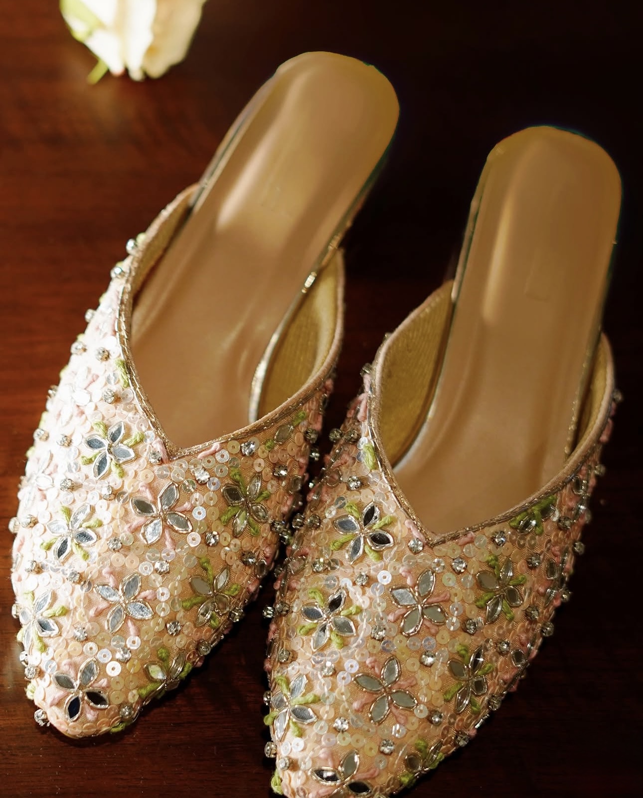 Hand-Embroidered Peach Blossom Mules