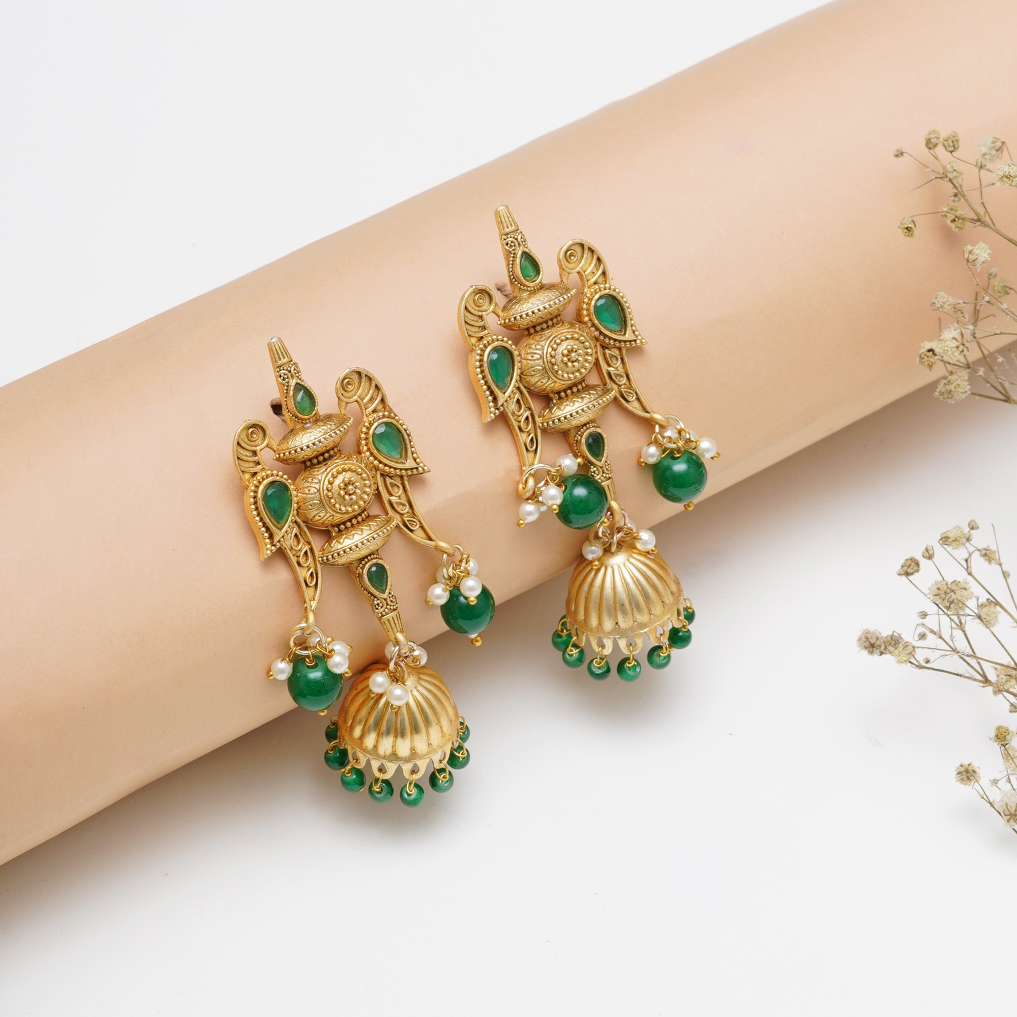 Green Bead Jhumka Earrings
