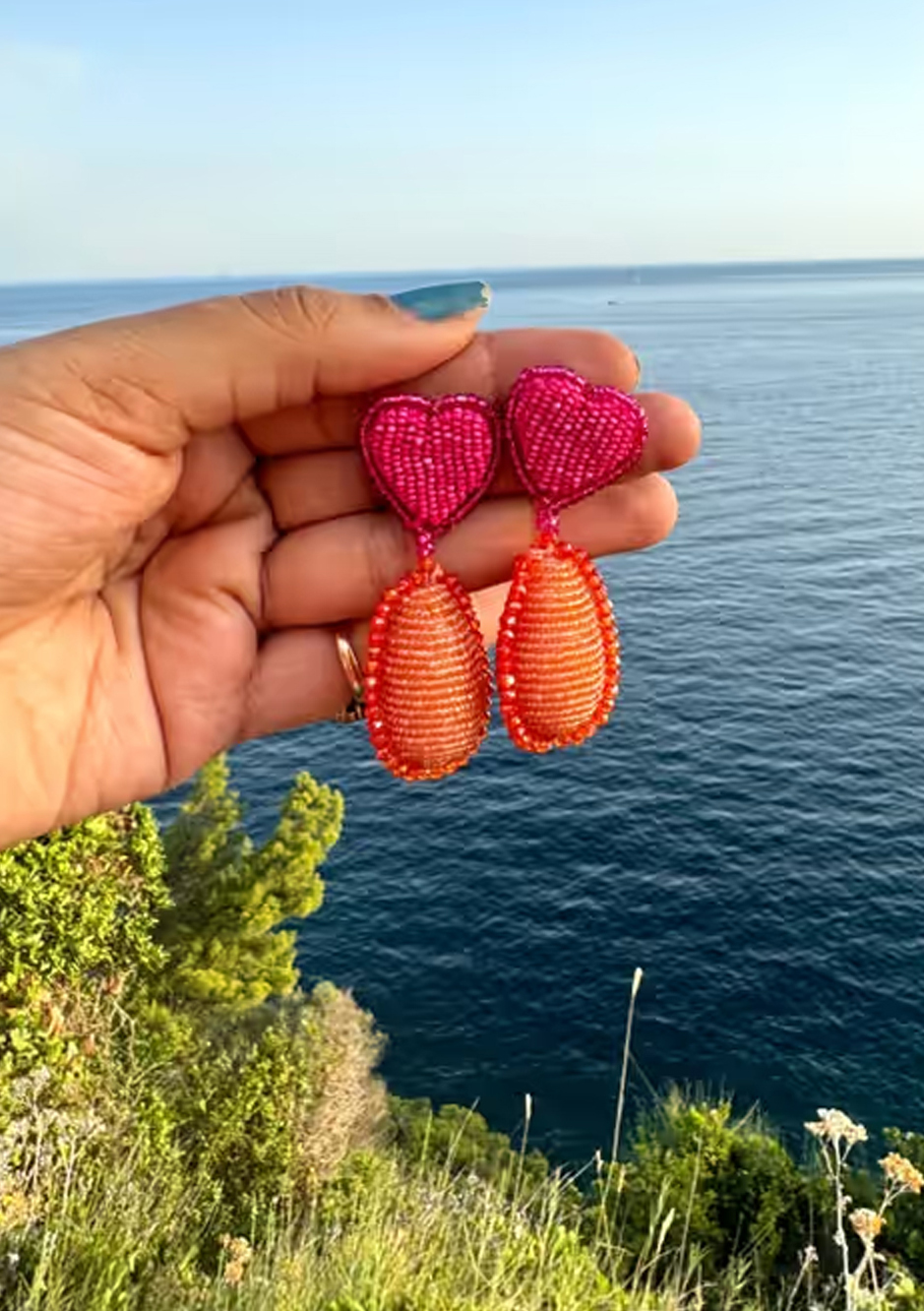 Hand-Beaded Heart Drop Earrings