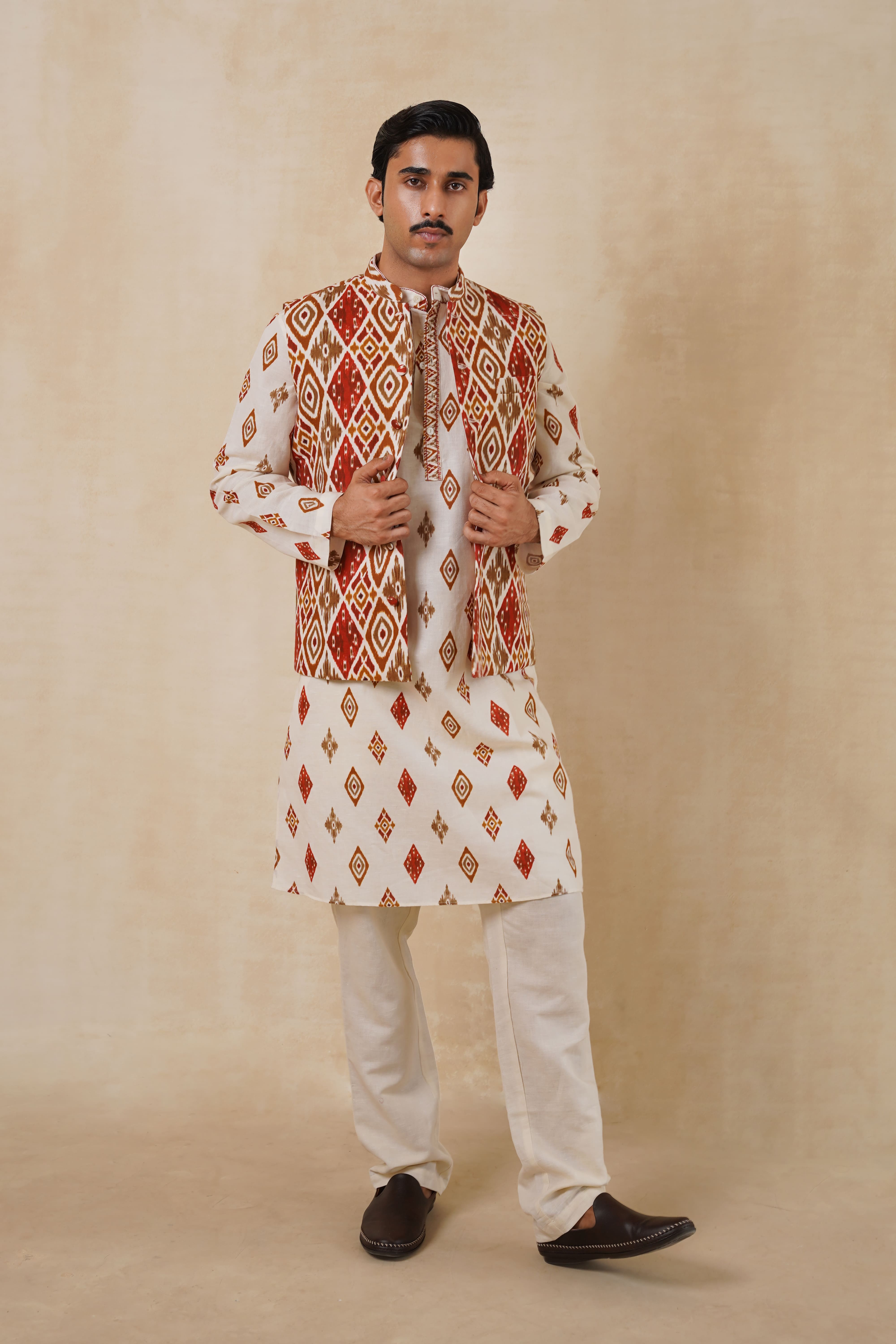 Ivory Ikat Nehru Jacket
