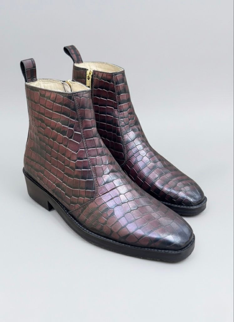Cuban Heel Leather Croco Boots
