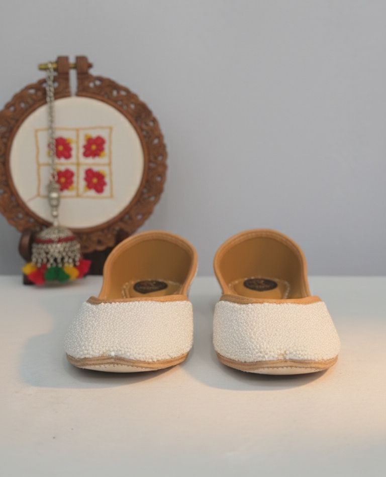 Hand-Embroidered White Moti Work Jutti